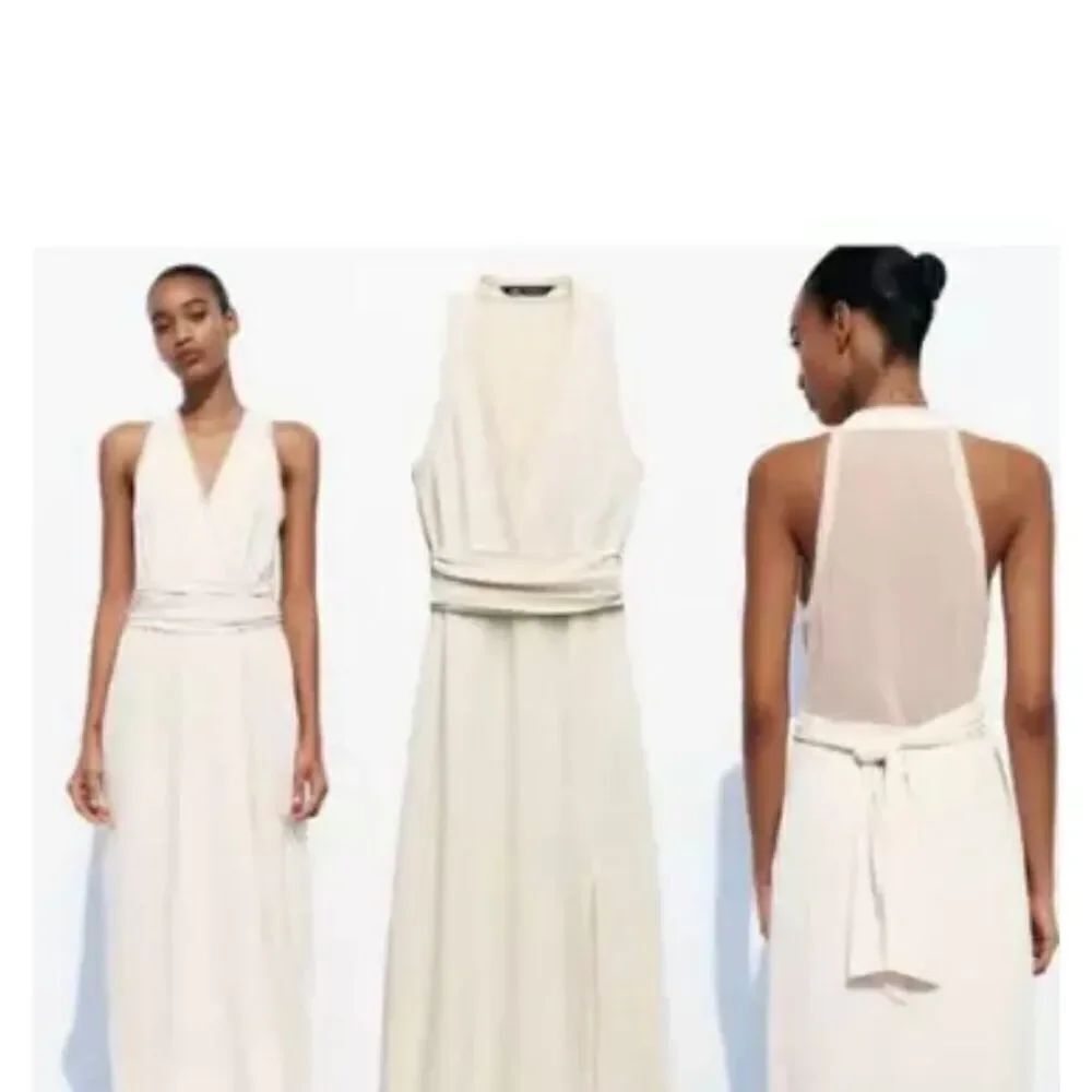 Zara NWT womenโs slip dress, maxi ivory ecruโV-neck semi sheer SXS